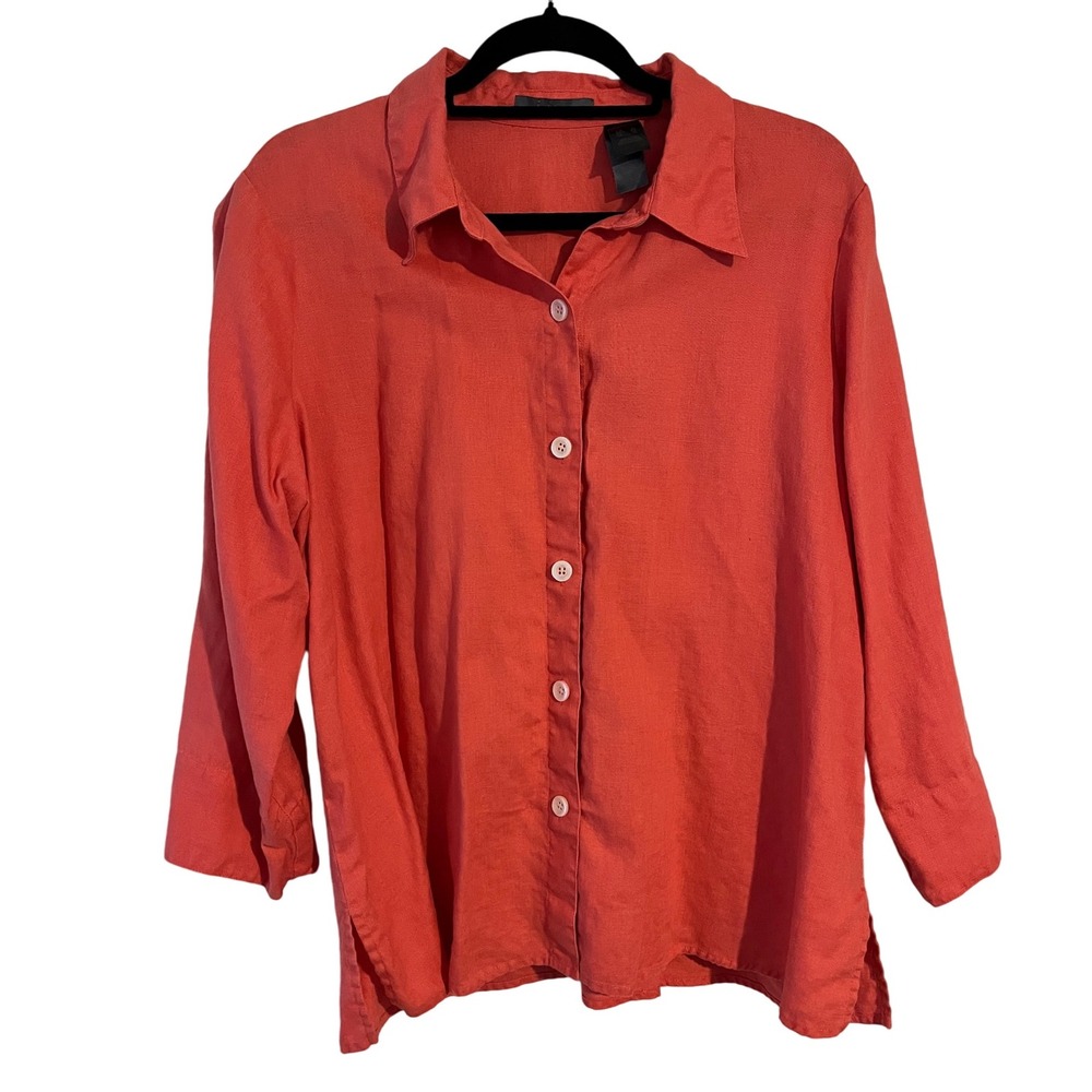 Liz Claiborne 100% Linen Button Up Shirt Top 3/4 Sleeve Women's XL Top